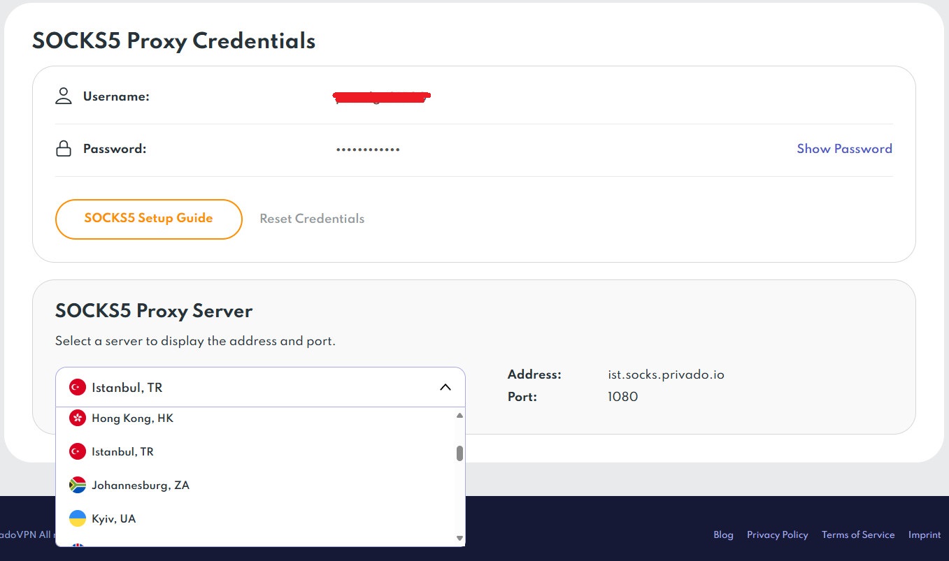 PrivadoVPN SOCKS5 Proxy Server