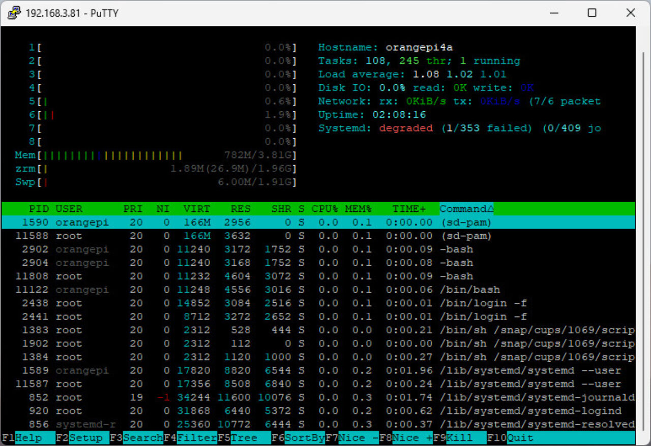 Orange Pi 4A Ubuntu htop